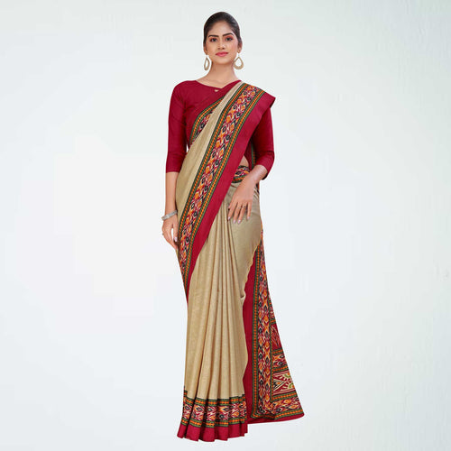 Beige and Black Women's Premium Manipuri Cotton Plain Gaala Border Catering Uniform Saree