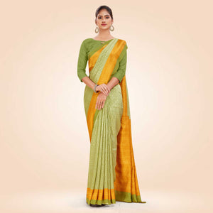 Moss Green and Yellow Women's Premium Mulberry Silk Small Butty Teachers Uniform Saree