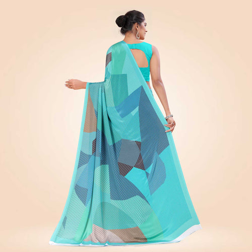 Turquoise Women's Premium Italian Silk Digital Print Female Uniform Sarees With Blouse Piece