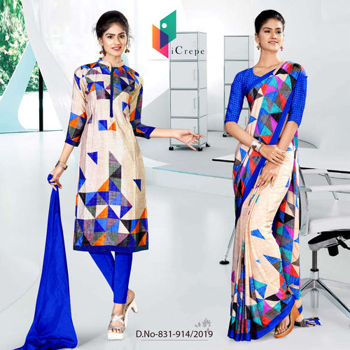 Cream and Blue Women's Premium Italian Silk Eyecatchers Uniform Sarees Salwar Combo for College Uniforms