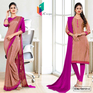 Beige Wine Women's Premium Italian Silk Small Butty Uniform Sarees Salwar Combo For Workers