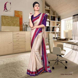 Beige And Purple Tripura Cotton Institute Uniform Saree