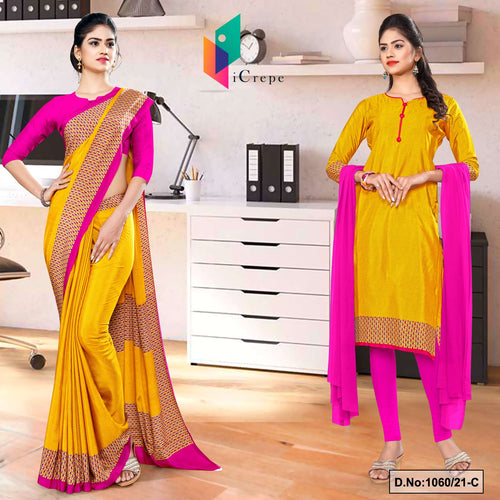Yellow Rani Women's Premium Italian Silk Discipline Day Uniform Sarees Salwar Combo For Annual Function