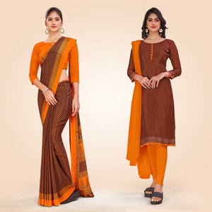 Brown and Orange Women's Premium Italian Silk Small Butty Security Uniform Saree Salwar Combo