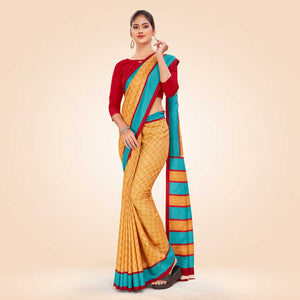 Beige and Turquoise Women's Premium Manipuri Cotton Small Butty Workers Uniform Saree