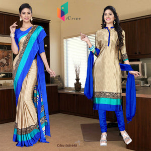 Beige and Blue Women's Premium Silk Chiffon Plain Gala Border Office Uniform Sarees Salwar Combo