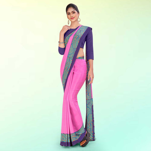 Onion Pink and Brown Women's Premium Italian Silk Plain Gaala Border School Uniform Saree