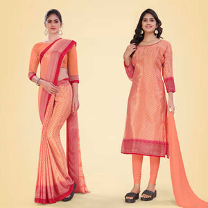 Peach and Red Women's Premium Silk Chiffon Small Butty School Teacher Uniform Saree Salwar Combo