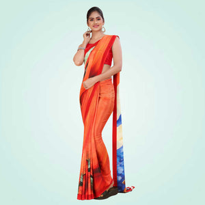 Orange and Red Women's Premium Italian Silk Digital Print Uniform Sarees for College With Blouse Piece