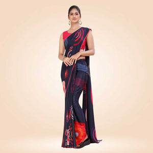 Navy Blue and Tomato Red Women's Premium Italian Silk Digital Print Teachers Uniform Sarees With Blouse Piece