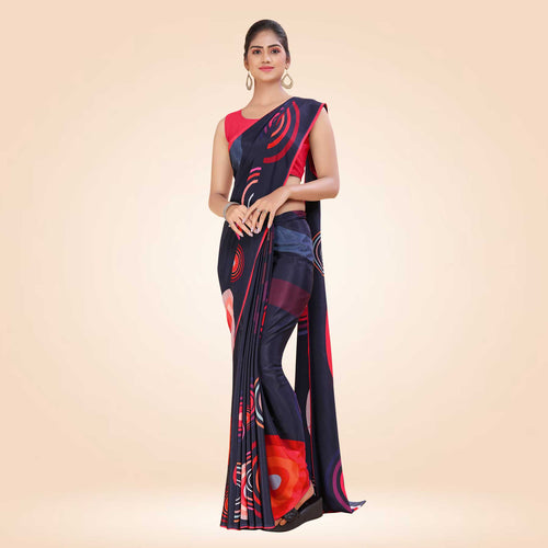 Black and Red Women's Premium Italian Silk Digital Print Air India Uniform Sarees With Blouse Piece
