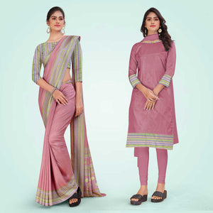 Orchid Pink Women's Premium Mulberry Silk Plain Gaala Border Air India Uniform Saree Salwar Combo