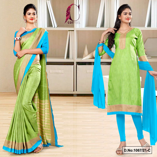 Pistachio Sky Blue Women's Premium Manipuri Cotton Uniform Sarees Salwar Combo For Showroom Uniform