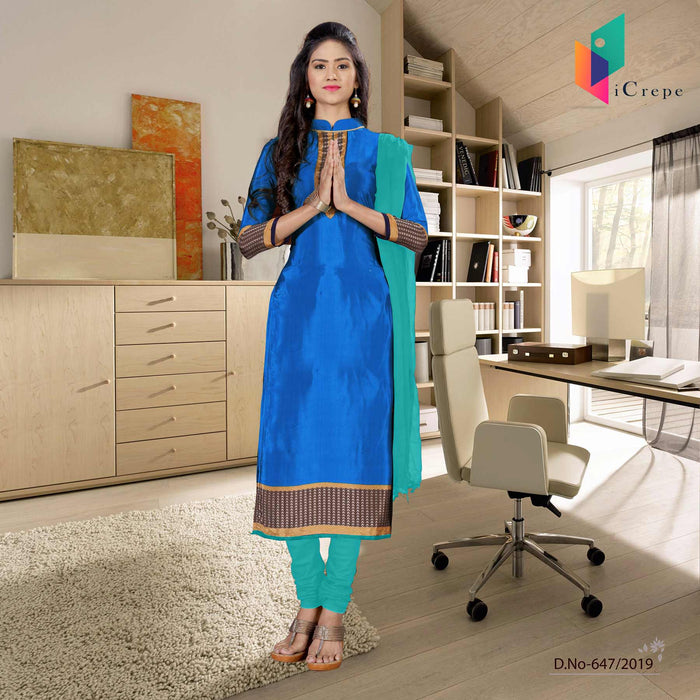 Blue And Green Italian Crepe Silk Teachers Uniform Salwar Kameez