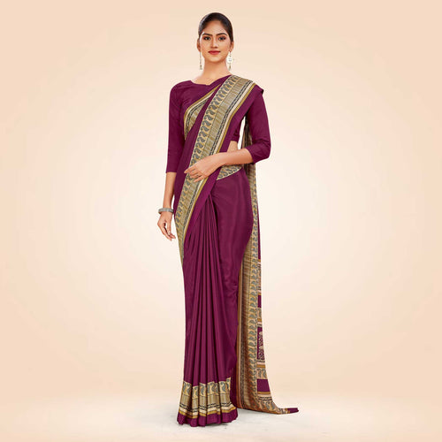 Blood Red and Beige Women's Premium Italian Silk Plain Gaala Border Hotel Uniform Saree