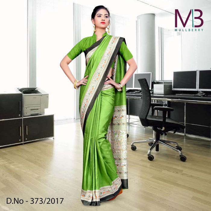Parrot Green And Cream Mulberry Silk Uniform Saree