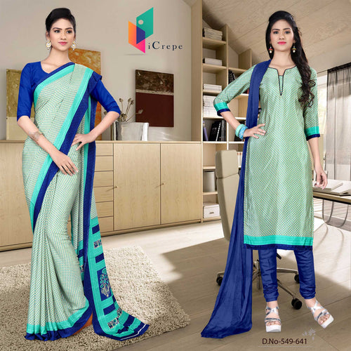 Sea Green and Navy Blue Women's Premium Italian Silk Small Butty Office Staff Uniform Sarees Salwar Combo