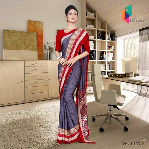 Voilet And Red Italian Crepe Silk Anganwadi Uniform Saree