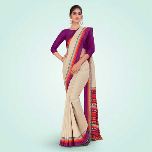 Beige and Bottle Green Women's Premium Manipuri Cotton Plain Gaala Border Front Office Uniform Saree