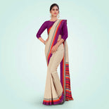 Beige and Navy Blue Women's Premium Manipuri Cotton Plain Gaala Border Housekeeping Uniform Saree