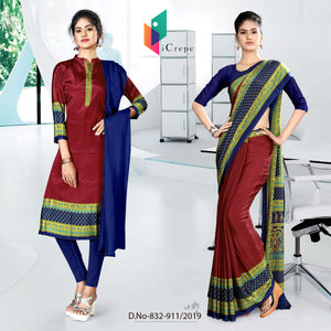 Maroon and Navy Blue Women's Premium Italian Silk Plain Gala Border Uniform Sarees Salwar Combo For Showroom Uniform Sarees