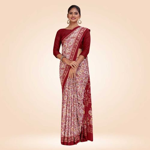 White and Maroon Women's Premium Italian Silk Paisley Print Staff Uniform Sarees With Blouse Piece
