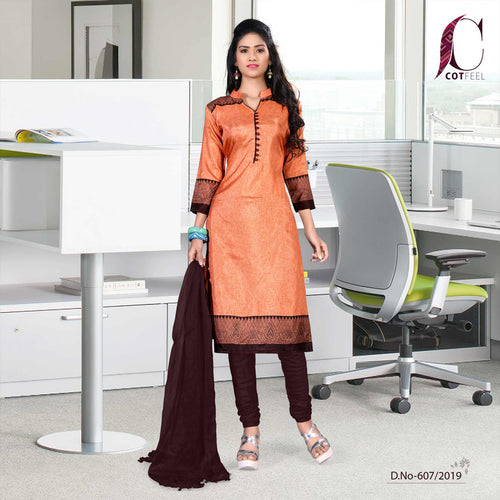 Orange With Coffee Border Women's Premium Tripura Cotton Hotel Uniform Salwar Kameez