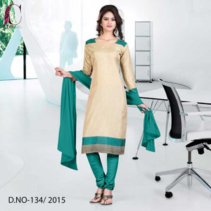 Green and Beige Women's Premium Manipuri Cotton Gala Border Office Uniform Salwar Kameez