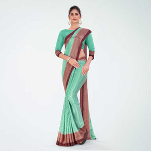 Aqua Green and Crimson Pink Women's Premium Silk Chiffon Small Butty College Uniform Saree