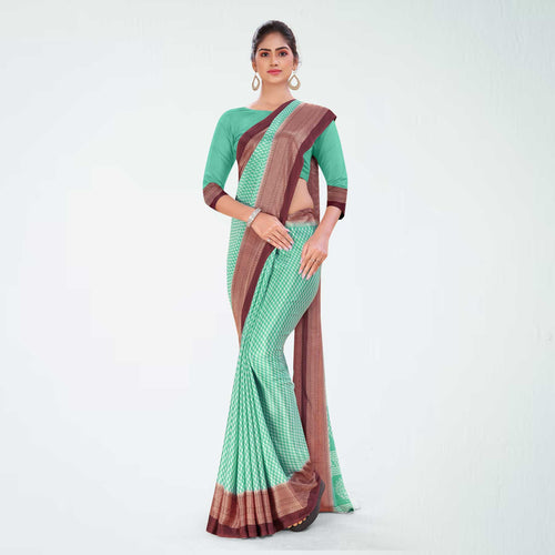 Pistachio and Brown Women's Premium Silk Chiffon Small Butty Housekeeping Uniform Saree