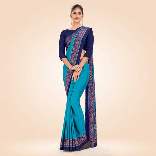 Blue and Navy Blue Women's Premium Italian Silk Plain Gaala Border Anganwadi Uniform Saree