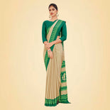 Beige and Bottle Green Women's Premium Italian Silk Small Butty Anganwadi Workers Uniform Saree