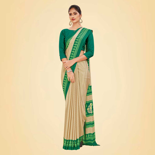 Beige and Bottle Green Women's Premium Italian Silk Small Butty Anganwadi Workers Uniform Saree