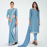 Beige Women's Premium Silk Chiffon Small Butty Housekeeping Uniform Saree Salwar Combo