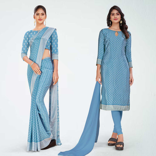 Sky Blue Women's Premium Silk Chiffon Small Butty Institution Uniform Saree Salwar Combo