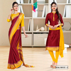 Marron Yellow Women's Premium Italian Silk Plain Gala Border Uniform Sarees Salwar Combo For School Uniform