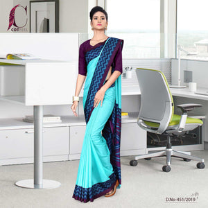 Turquoise And Purple Tripura Cotton Hotel Uniform Saree