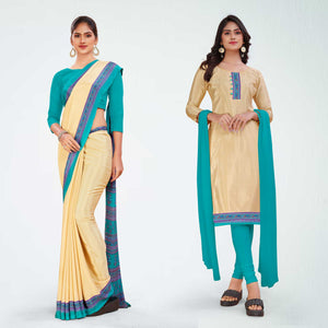 Beige and Turquoise Women's Premium Italian Silk Discipline Day Anganwadi Uniform Saree Salwar Combo