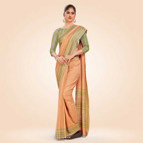 Beige Women's Premium Mulberry Silk Plain Gaala Border School Teacher Uniform Saree