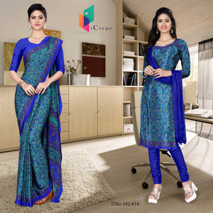 Turquoise and Ink Blue Women's Premium Italian Silk Floral Print Employees Uniform Sarees Salwar Combo