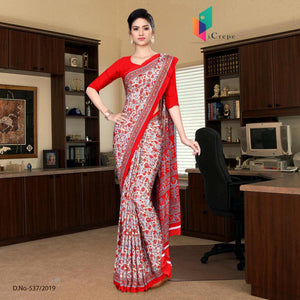 Beige And Red Italian Crepe Silk House Keeping Uniform Saree