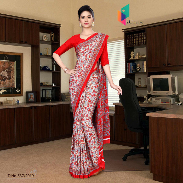 Beige And Red Italian Crepe Silk House Keeping Uniform Saree