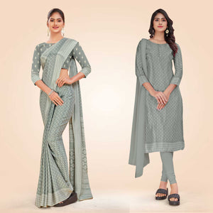 Grey Women's Premium Silk Chiffon Small Butty School Uniform Saree Salwar Combo