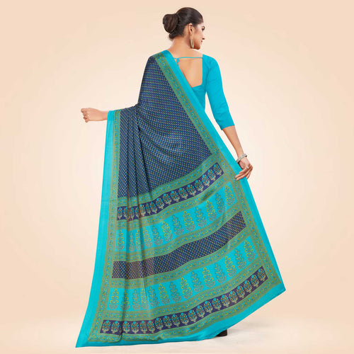 Navy Blue and Turquoise Women's Premium Italian Silk Small Butty Resort Uniform Saree