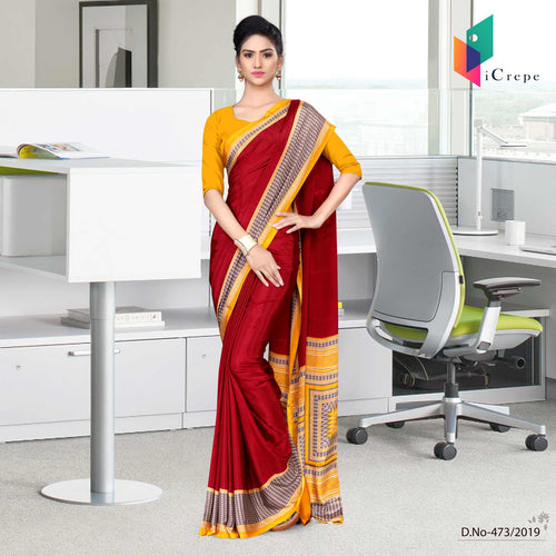 Maroon And Yellow Italian Crepe Silk Teachers Uniform Saree