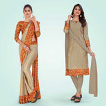 Pastel Brown and Multi Color Women's Premium Silk Chiffon Eyecatchers Industrial Workers Uniform Saree Salwar Combo