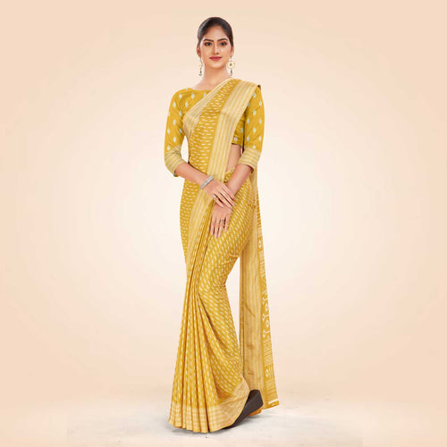 Yellow Women's Premium Silk Chiffon Small Butty College Uniform Saree