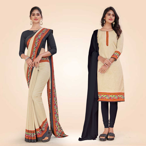 Beige and Black Women's Premium Manipuri Cotton Plain Gaala Border Catering Uniform Saree Salwar Combo