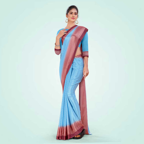 Aqua Green and Crimson Pink Women's Premium Silk Chiffon Small Butty College Uniform Saree