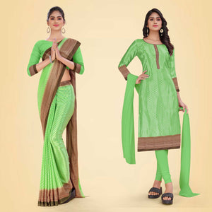 Pistachio and Brown Women's Premium Silk Chiffon Small Butty Housekeeping Uniform Saree Salwar Combo